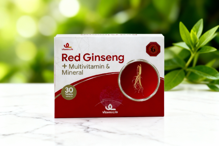 عوارض قرص رد جینسینگ - بسته بندی قرص رد جینسینگ روی سطح مرمر سفید